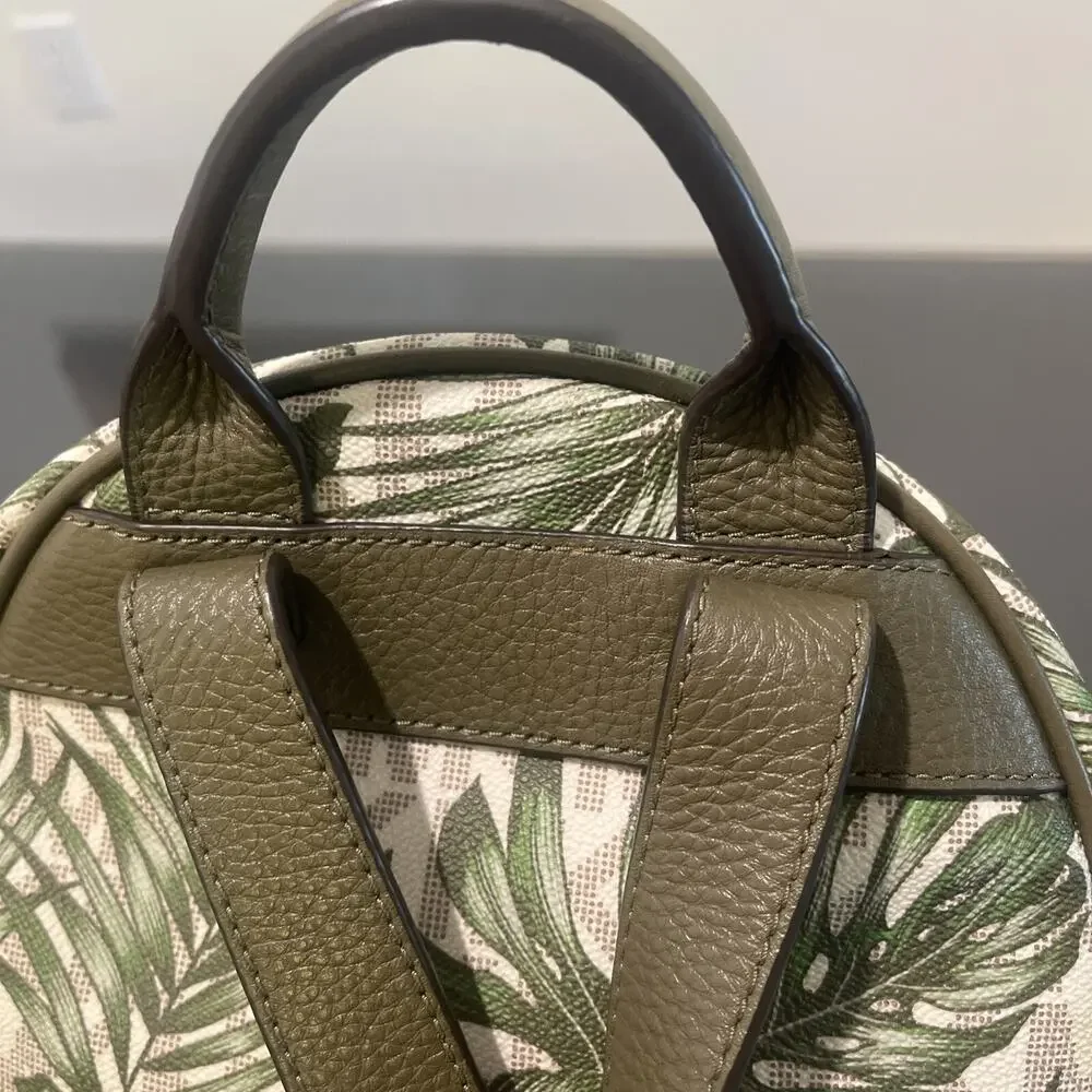 NWT Michael Kors Leather Abbey Vanilla Olive MK Logo Palm Leaf Backpack Rare